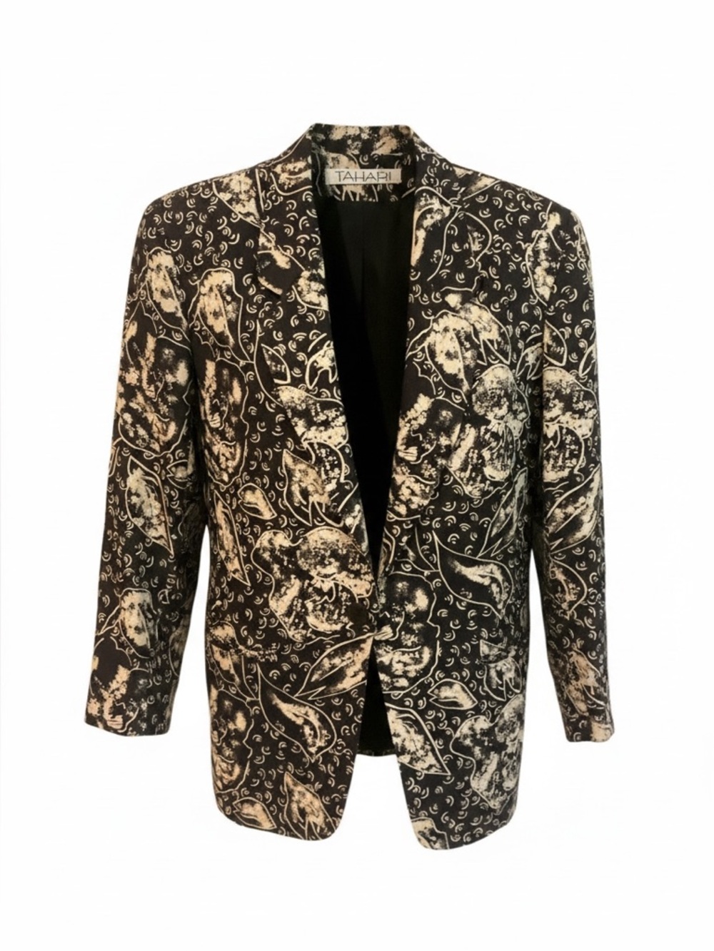 Tahari Black Beige Floral Blazer Women’s Size 2 Linen Lightweight Chic Jacket